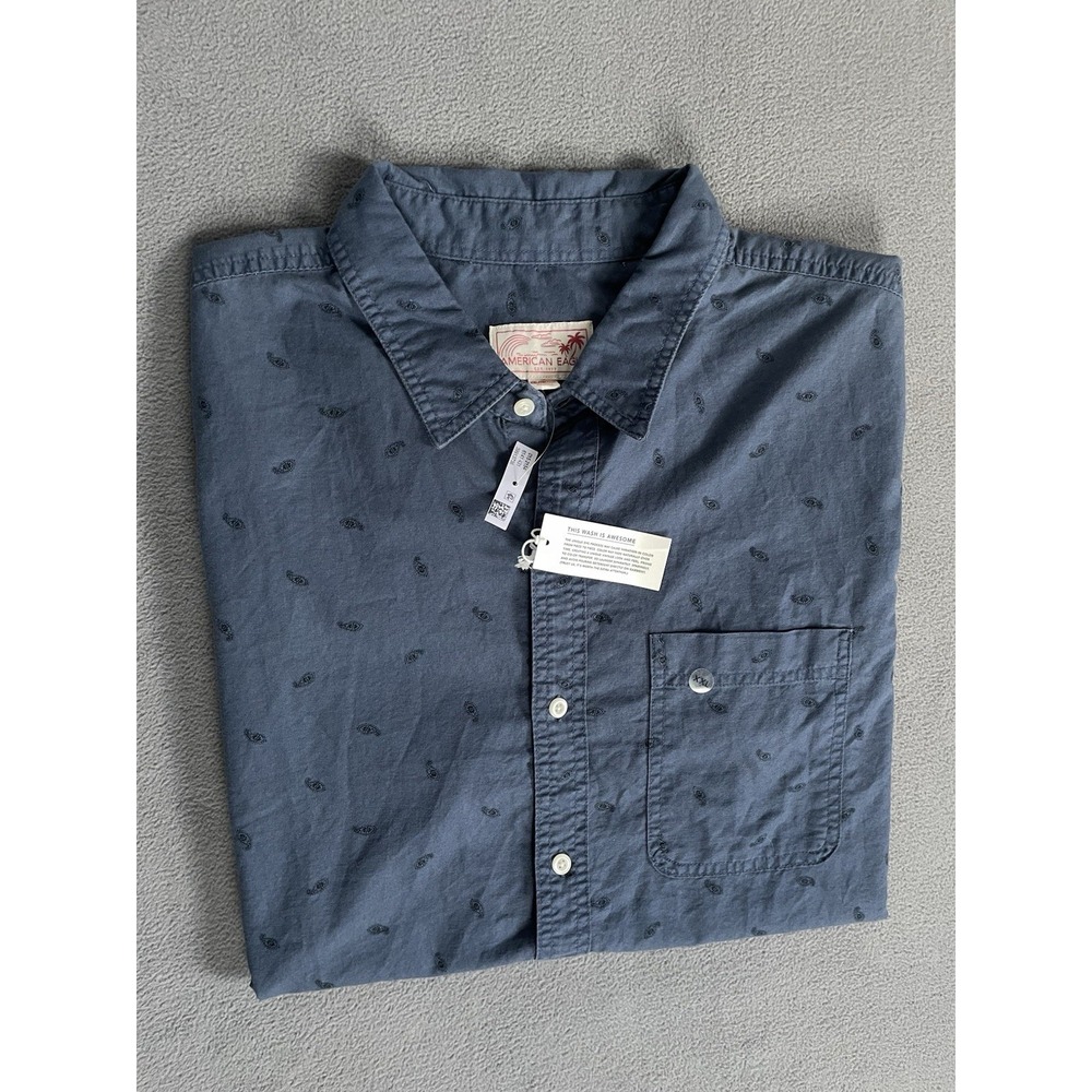 American Eagle Men Button Up Short Sleeve Blue 2xl 100 Cotton New !